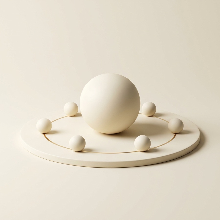 A large porcelain sphere on a round plinth, ringed by six smaller spheres on a hairline gold circle