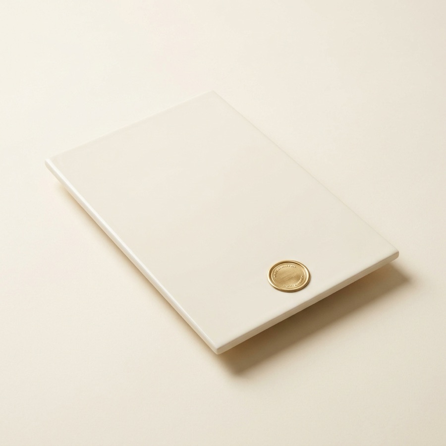 Flat porcelain tablet with a round gold seal pressed into one corner