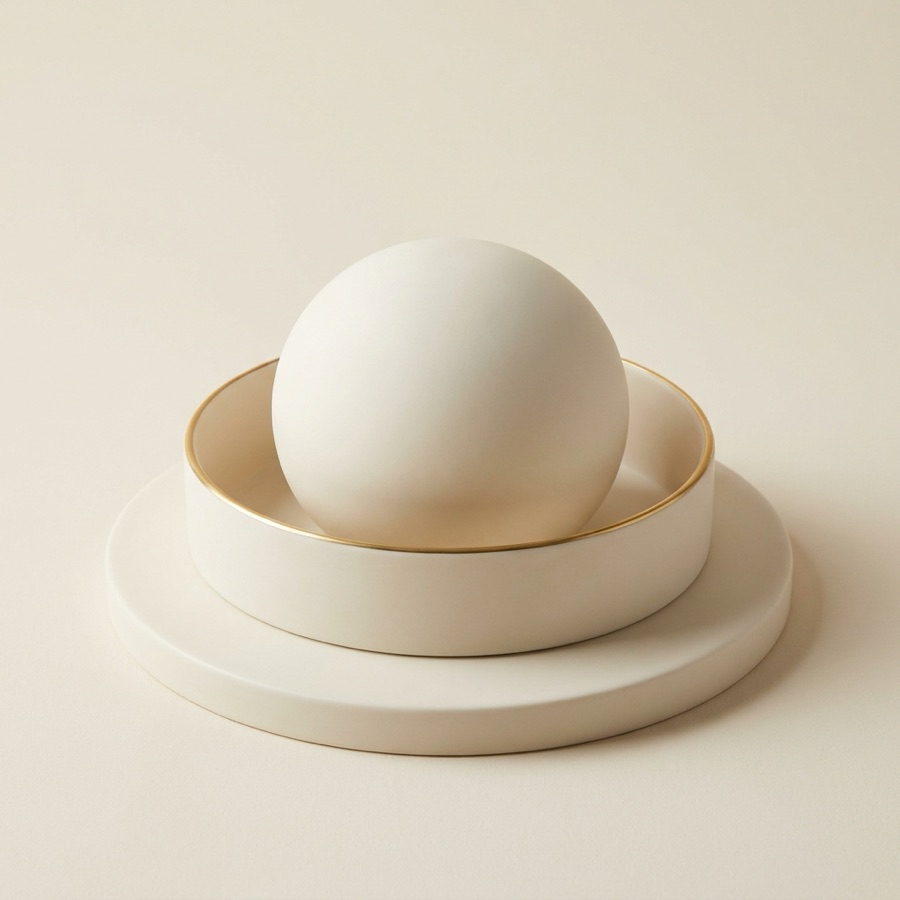 Porcelain sphere held inside a low circular wall on a plinth
