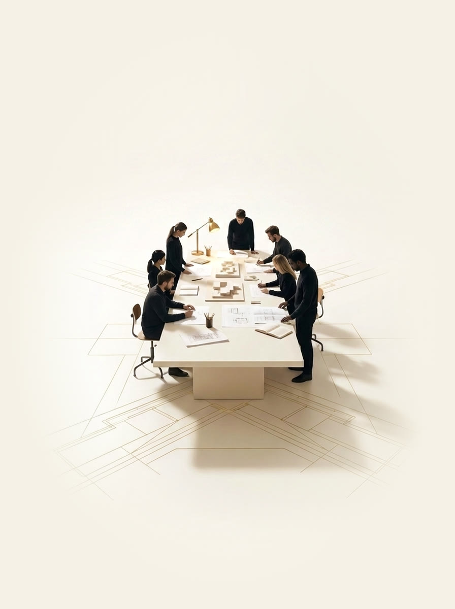 The desk grown into one long table, a team working around it