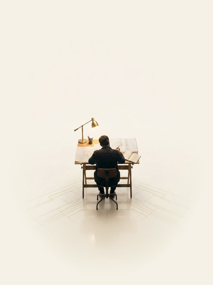 One founder at a drafting desk, the plan spreading from it in gold lines