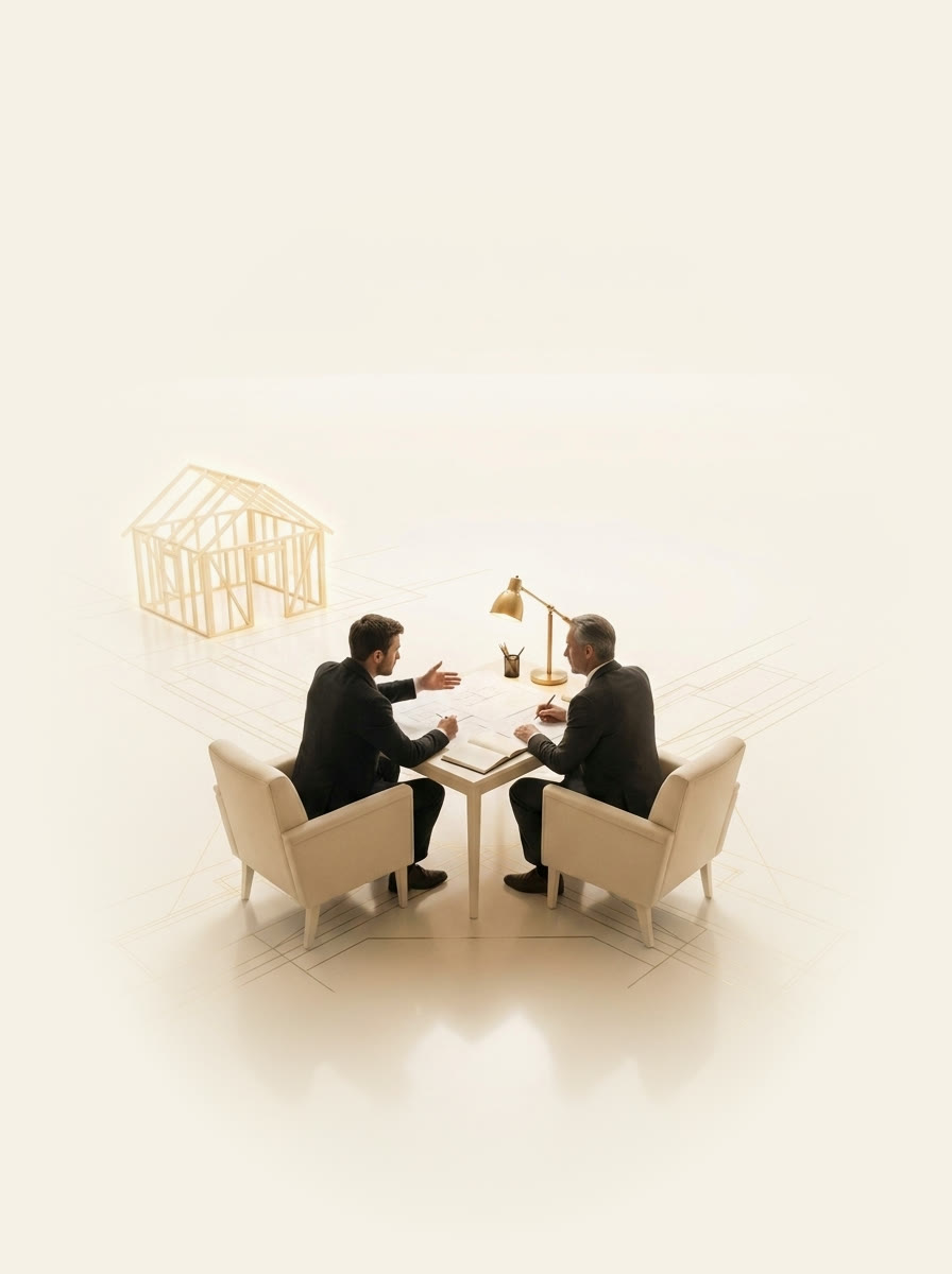 Founder and investor over the plans, the backed frame rising behind